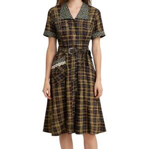 Vintage Desert West Sherry Holt Midi Dress Lace Floral Trim Belted Retro Medium